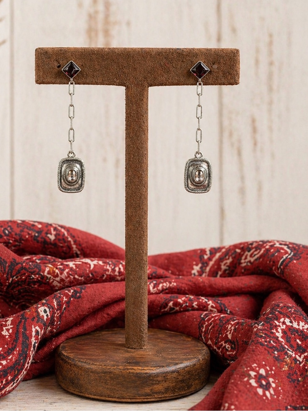 🤩Earrings Western Cowgirl Hat Garnet Dangle 925 Sterling Silver
